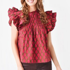 Oliphant Womens Pintuck Ruffle Sleeve Button-up Blouse XS